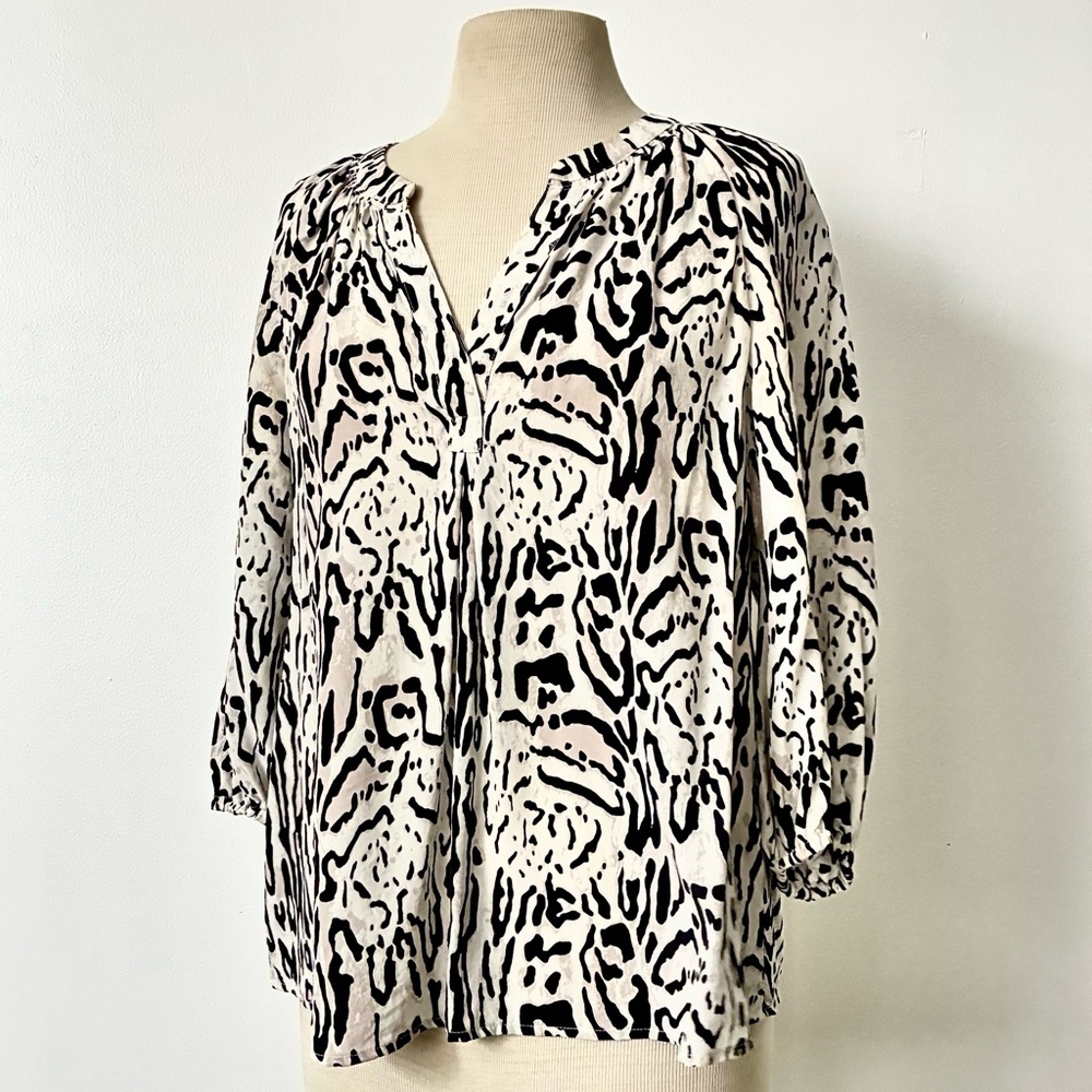Joie Silk Leopard Print Split Neck Blouse Black White Taupe Small S Top Org.$328